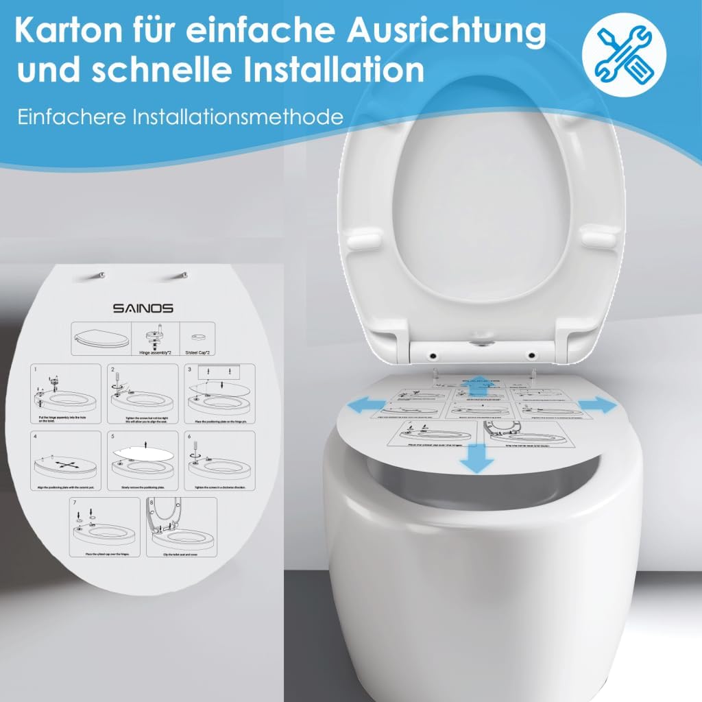 Duroplast WC-Sitz O-Form mit Absenkautomatik, Edelstahlscharnier, One-Touch-Schnellverschluss und ei