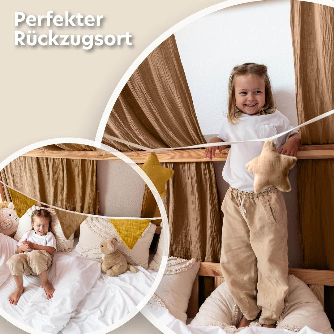 Hausbett Himmel mit Gold Applikation [in 12 Farben] Betthimmel Hausbett aus 100% Baumwolle Musselin
