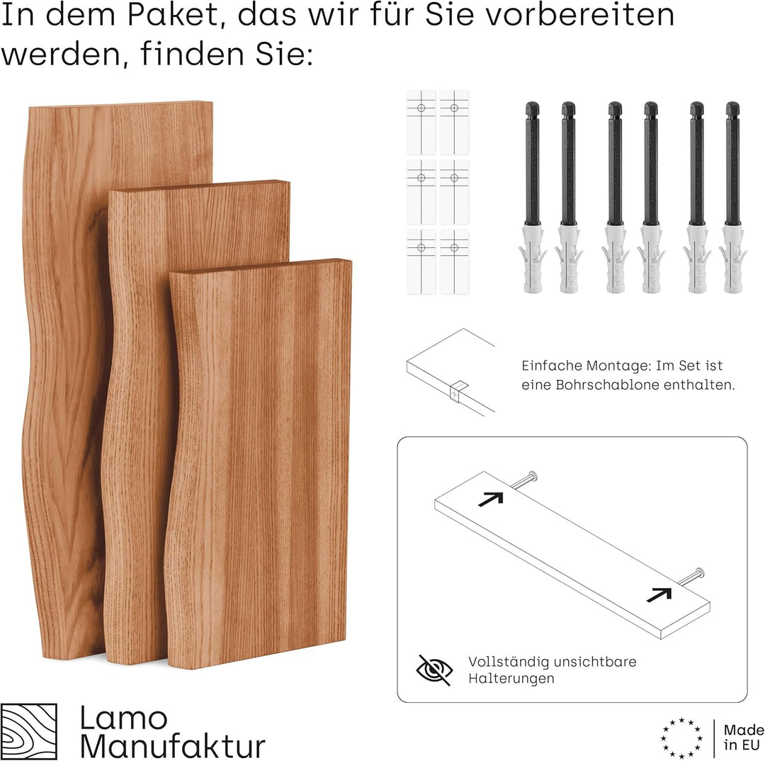 LAMO Manufaktur 3 Stück Wandregal aus Holz mit unsichtbarer Befestigung 40/35/30cm | Wandregal aus 1