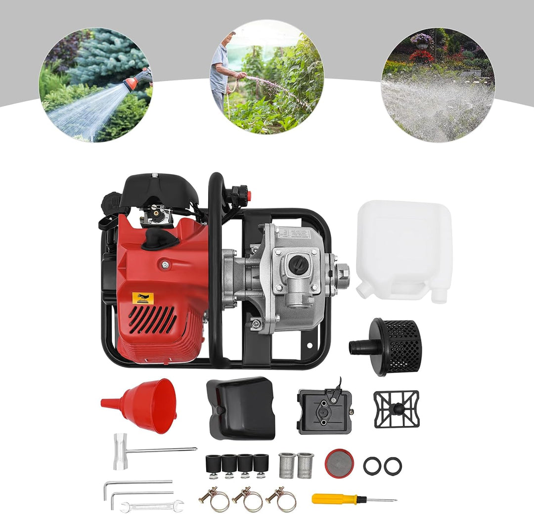 Benzin Wasserpumpe, 2-Takt-Motor Wasserpumpe mit 1200ml Ölflasche, 43CC Gartenpumpe Selbstansaugend,