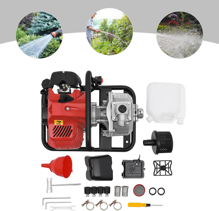 Benzin Wasserpumpe, 2-Takt-Motor Wasserpumpe mit 1200ml Ölflasche, 43CC Gartenpumpe Selbstansaugend,