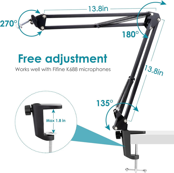 FIFINE K688 Mikrofonarm Boom Arm - Mikrofon Schwenkarmständer kompatibel mit FIFINE Recording XLR/US