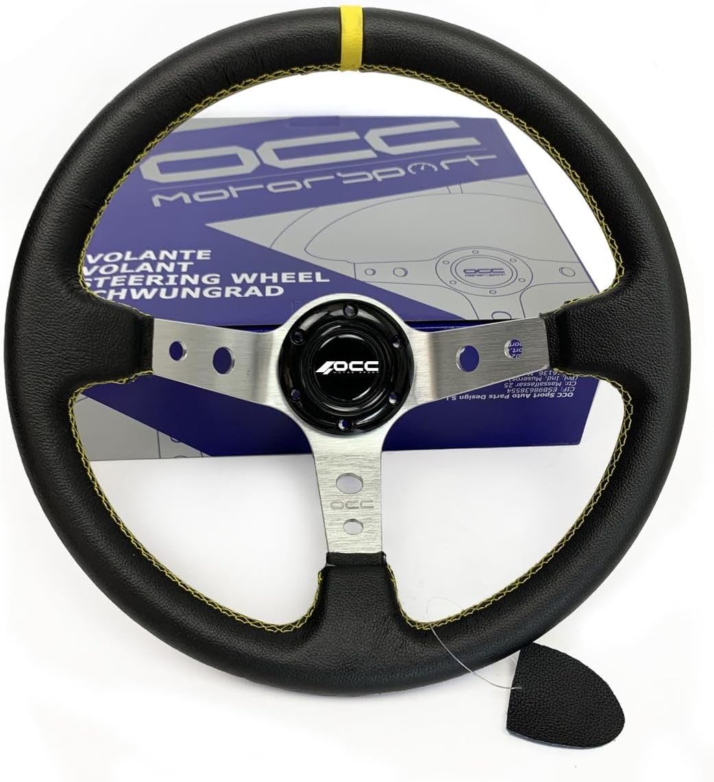 Occ Motor Sport Offset Lenkrad Auto Track Modell Leder Silberarme - 90 Mm Vollstichrad - 350 Mm (14