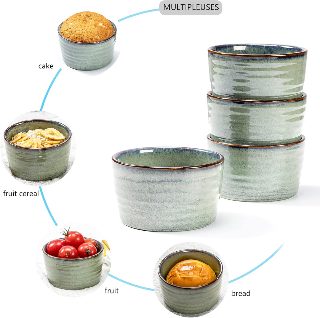 Souffle Förmchen, Porzellan Schälchen Grün für 6 Personen - Mini Auflaufform Reaktive Glasur Grün, D