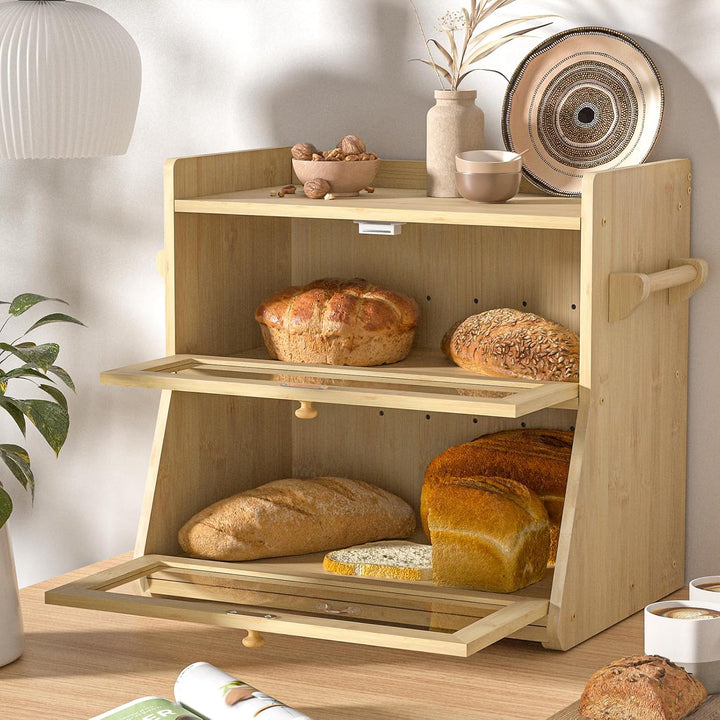 Brotkasten Bambus 2 Etagen, Bambus Brotkasten Holz mit Schneidebrett, Eco Brotbox Brotkorb mit Belüf