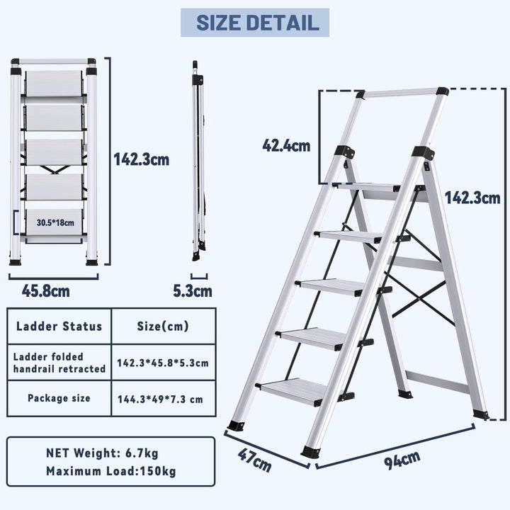 XinSunho Stufenleiter, Klappleiter 5 Stufen mit Ausziehbarem Handlauf, Aluminium Trittleiter, rutsch