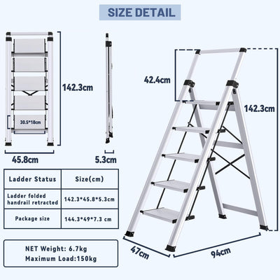 XinSunho Stufenleiter, Klappleiter 5 Stufen mit Ausziehbarem Handlauf, Aluminium Trittleiter, rutsch