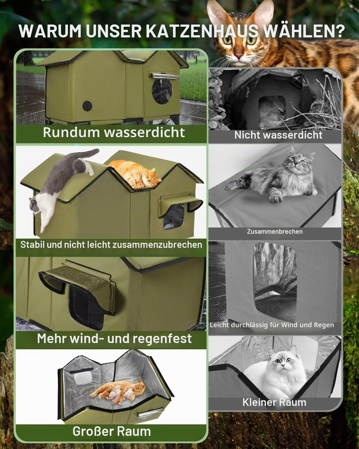 Outdoor Katzenhaus, Extra Large wasserdichtes Katzengehege mit erhöhter Basis, isoliertes Haustierha