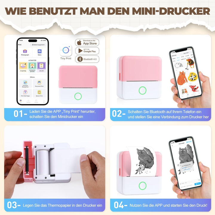 PRAOAHEI Mini Drucker, Tragbarer Fotodrucker mit 10 Rollen Druckerpapier, Bluetooth-Etikettendrucker