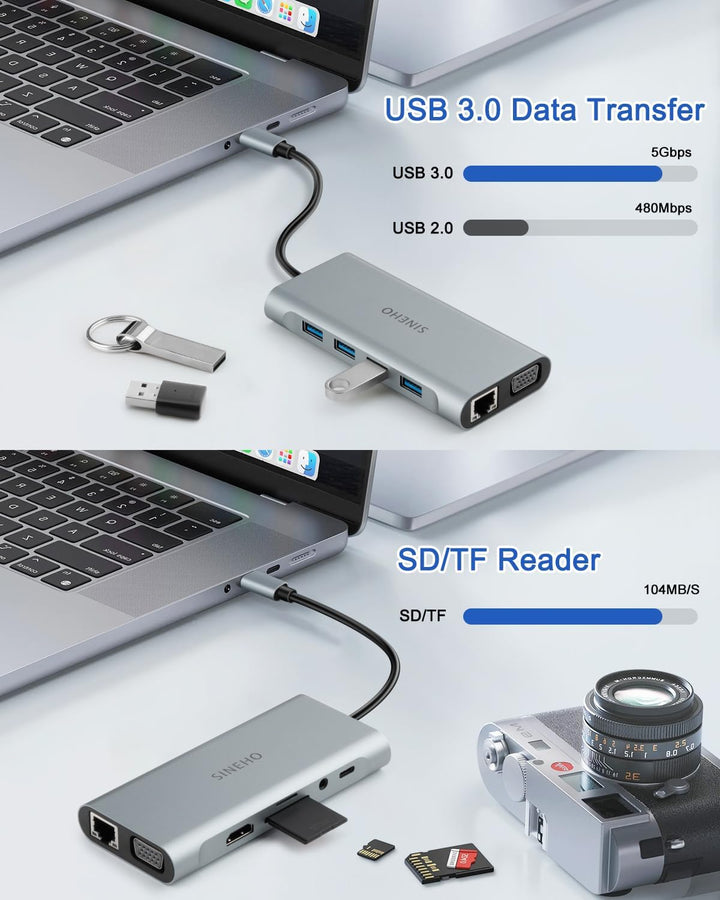 Docking Station USB C HUB, 11 in 1 USB C Adapter mit 4K HDMI, VGA, Ethernet, 4 USB Ports, SD/TF, 100