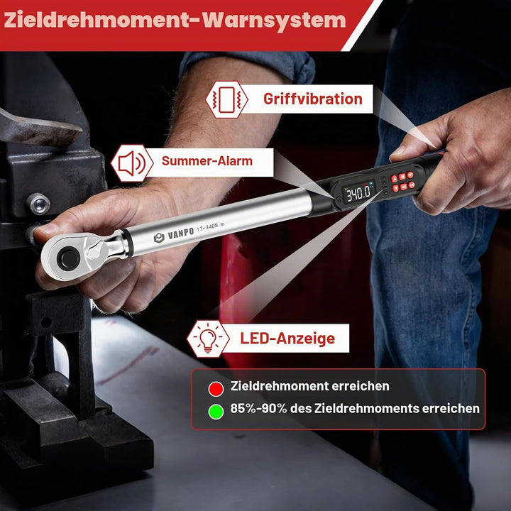 VANPO Digitaler Drehmomentschlüssel 1/2 Zoll, 17-340 Nm, ±2% Genauigkeit, elektronischer Drehmoments