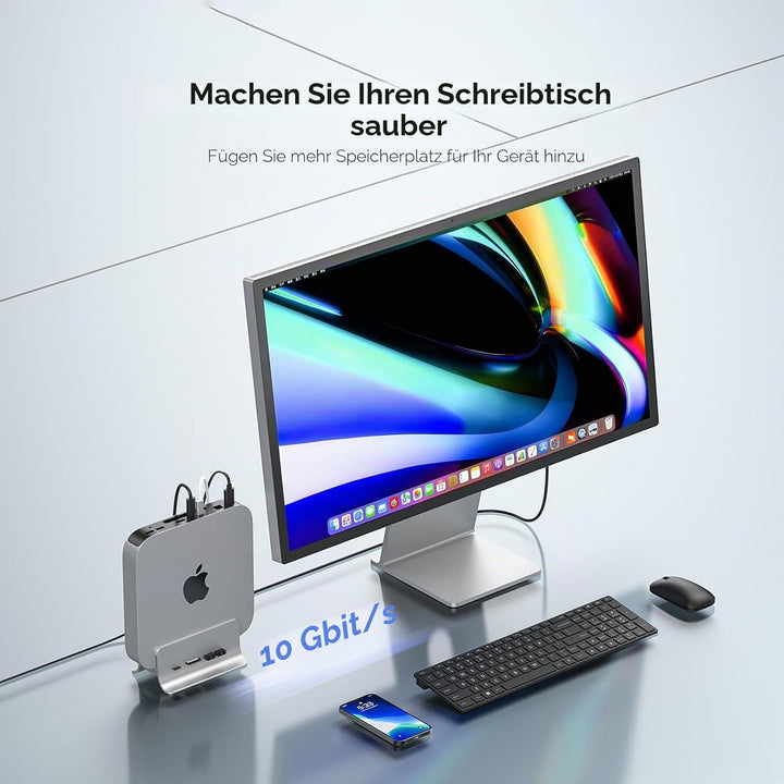 PULWTOP Mac Mini Hub,5-in-1 USB C Hub Adapter,Mac Mini-Ständer,Unterstützt M.2 NVMe SSD-Erweiterung,
