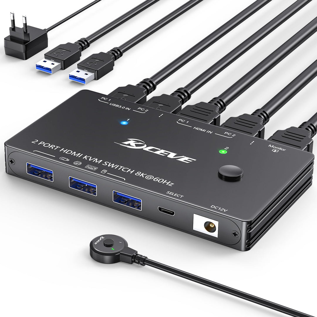 HDMI KVM Switch 2 PC 1 Monitor 4K@144Hz 8K@60Hz, 2x1 KVM Switch HDMI 2 Port für 2 Computers Share 1