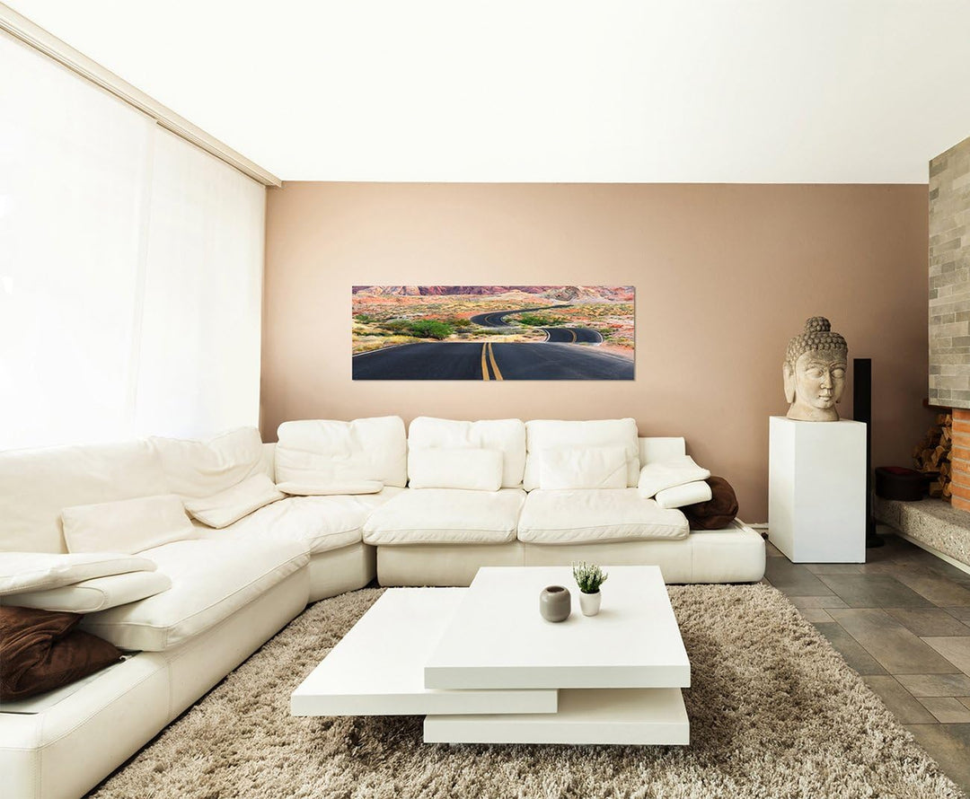 Paul Sinus Art Panoramabild auf Leinwand und Keilrahmen 150x50cm Nevada Strasse Landschaft Berge