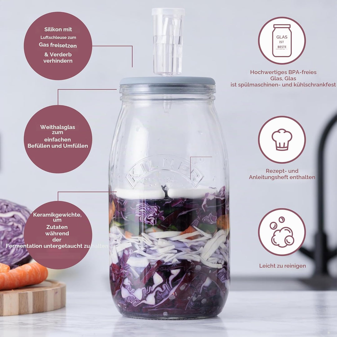 KILNER Fermentier Set, 3 Liter Glas mit Gärungsdeckel, einfaches Haltbarmachen von Gemüse, 1x Kilner