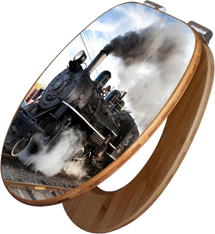banjado® Design WC Sitz Bambus Absenkautomatik mit Motiv Dampflok/Toilettendeckel mit Absenkautomati