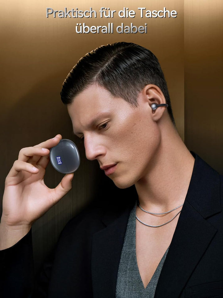 CAPOXO Clip-On Open-Ear Bluetooth Kopfhörer – 4,8g Ultraleicht, 48h Akku, LED Anzeige, Bluetooth 5.4