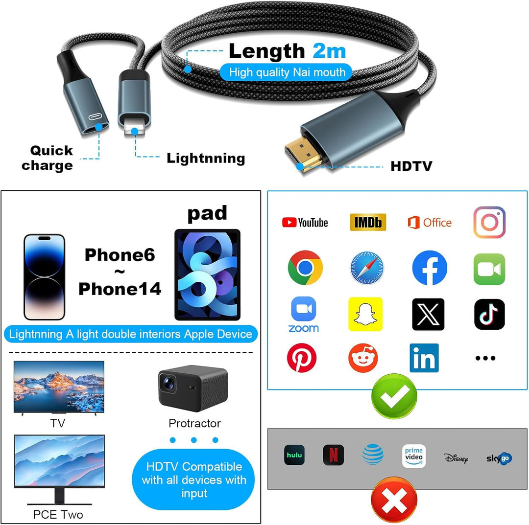 Lightnning HDMI-Kabel 2m für iPhone 14/13/12/11/XS/XR/8, 1080P Full HD Digital AV Adapter, kompatibe