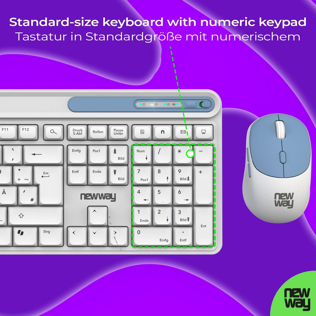 NEWWAY NKMP252 – Kabellose Tastatur Maus Set 2,4 GHz – QWERTZ Deutsch – Leise Tasten, 14 Multimedia-