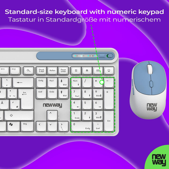 NEWWAY NKMP252 – Kabellose Tastatur Maus Set 2,4 GHz – QWERTZ Deutsch – Leise Tasten, 14 Multimedia-