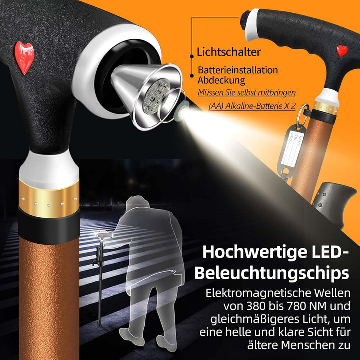 Verstellbarer Gehstock für Herren und Damen Doppelgriff Verstellbarer, Gehstock mit LED-Licht, gehst