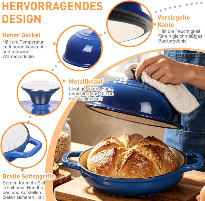 Gusseisen Brotbackform mit Deckel, 4,7L Gusseisen Topf Brot Backen, 23 cm Emaille Bräter mit Deckel,