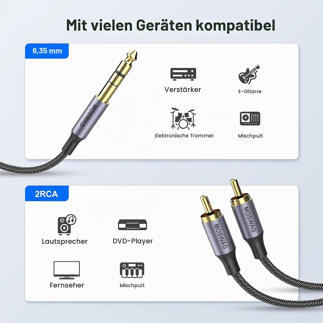 MOSWAG 6,35mm auf Dual Cinch TRS Audio Y Splitter Kabel/Adapter 10M | Harte Nylon gewebte RCA Kabel