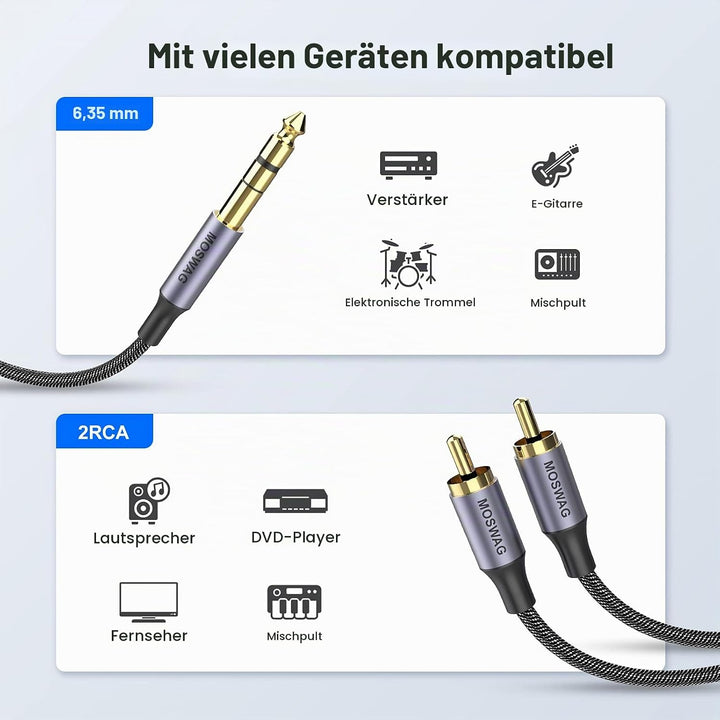 MOSWAG 6,35mm auf Dual Cinch TRS Audio Y Splitter Kabel/Adapter 10M | Harte Nylon gewebte RCA Kabel