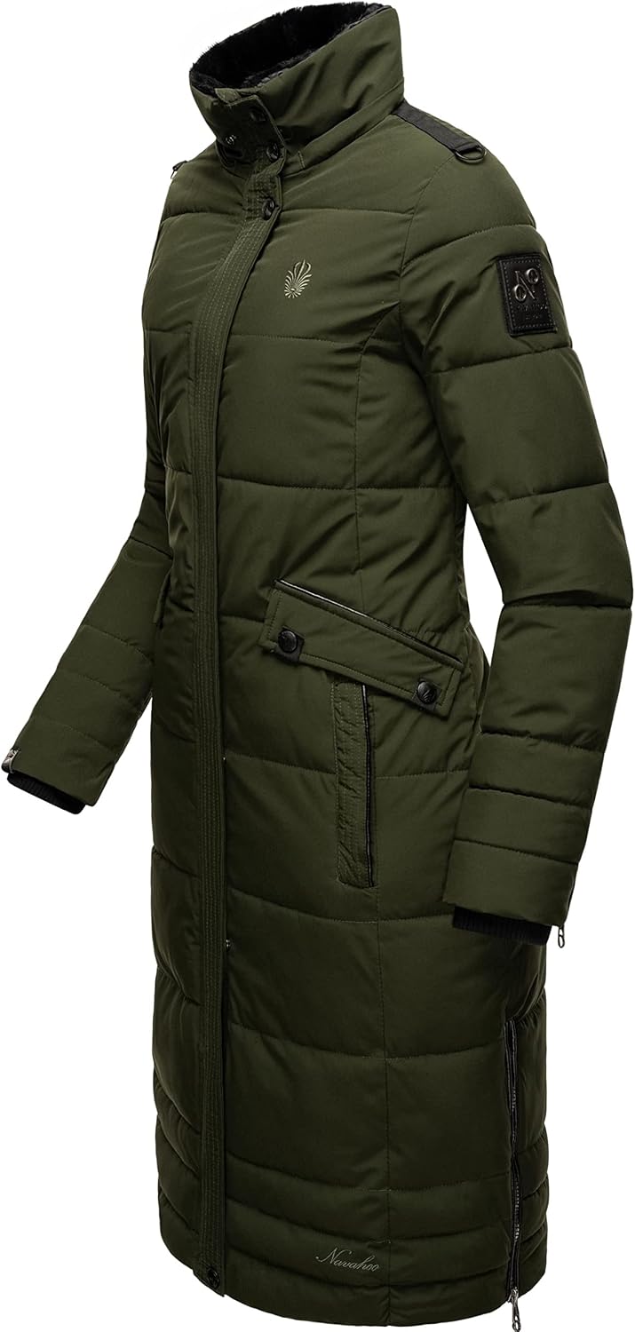 Navahoo Damen Wintermantel Warmer Steppmantel lang mit Abnehmbarer Kapuze Fahmiyaa XS-3XL S Olive, S