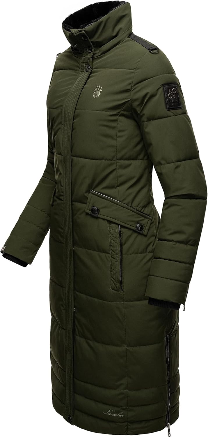 Navahoo Damen Wintermantel Warmer Steppmantel lang mit Abnehmbarer Kapuze Fahmiyaa XS-3XL XL Olive,