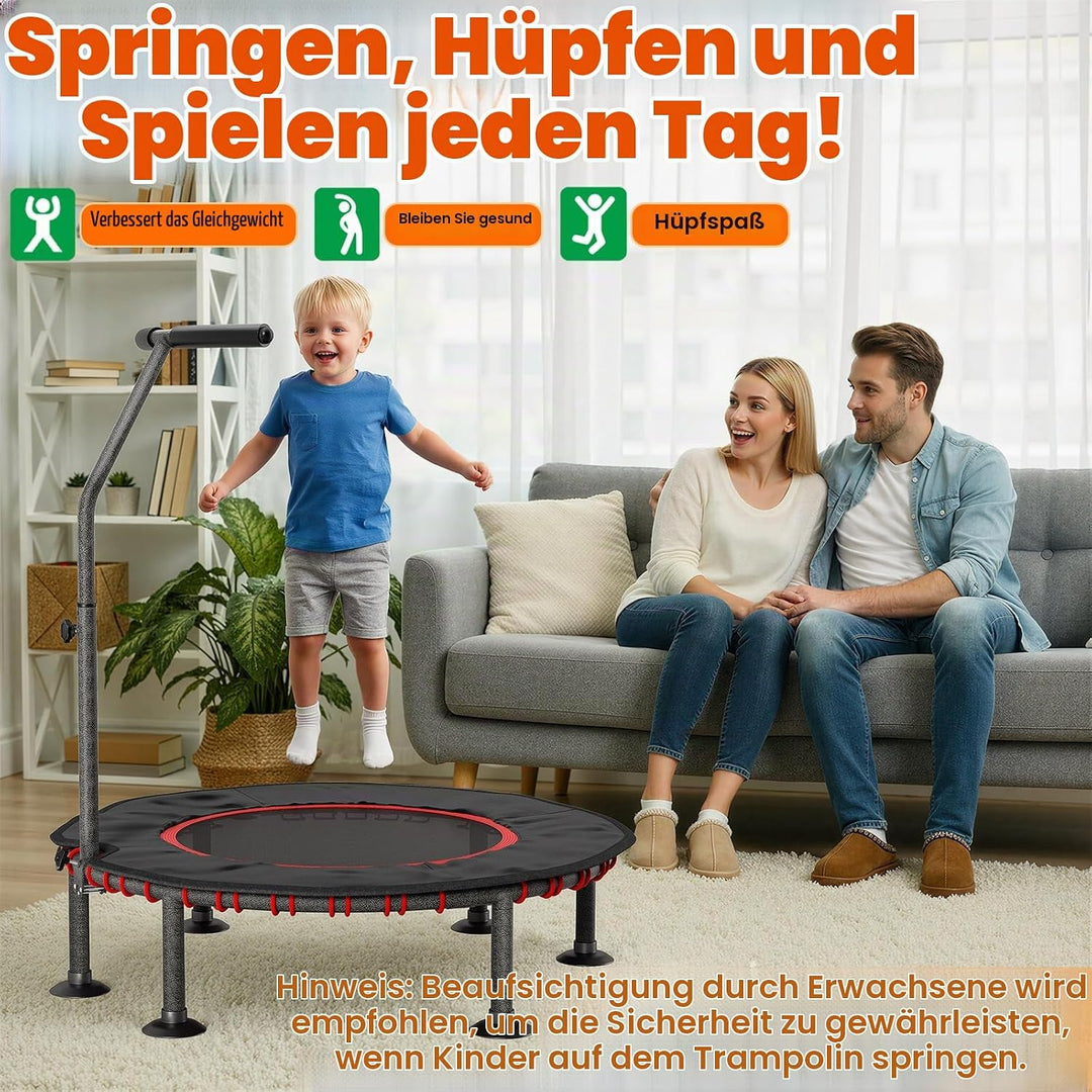 LIFERUN Fitness Trampolin Indoor | mit Randabdeckung | Bis 150kg Belastbar | 3 Verstellbare Haltegri