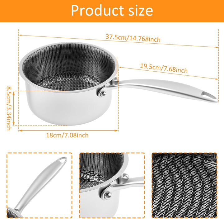 Stielkasserolle,Waben Antihaft Pfanne 18 cm Edelstahl mit Ergonomischem Griff,Antihaftbeschichtete K