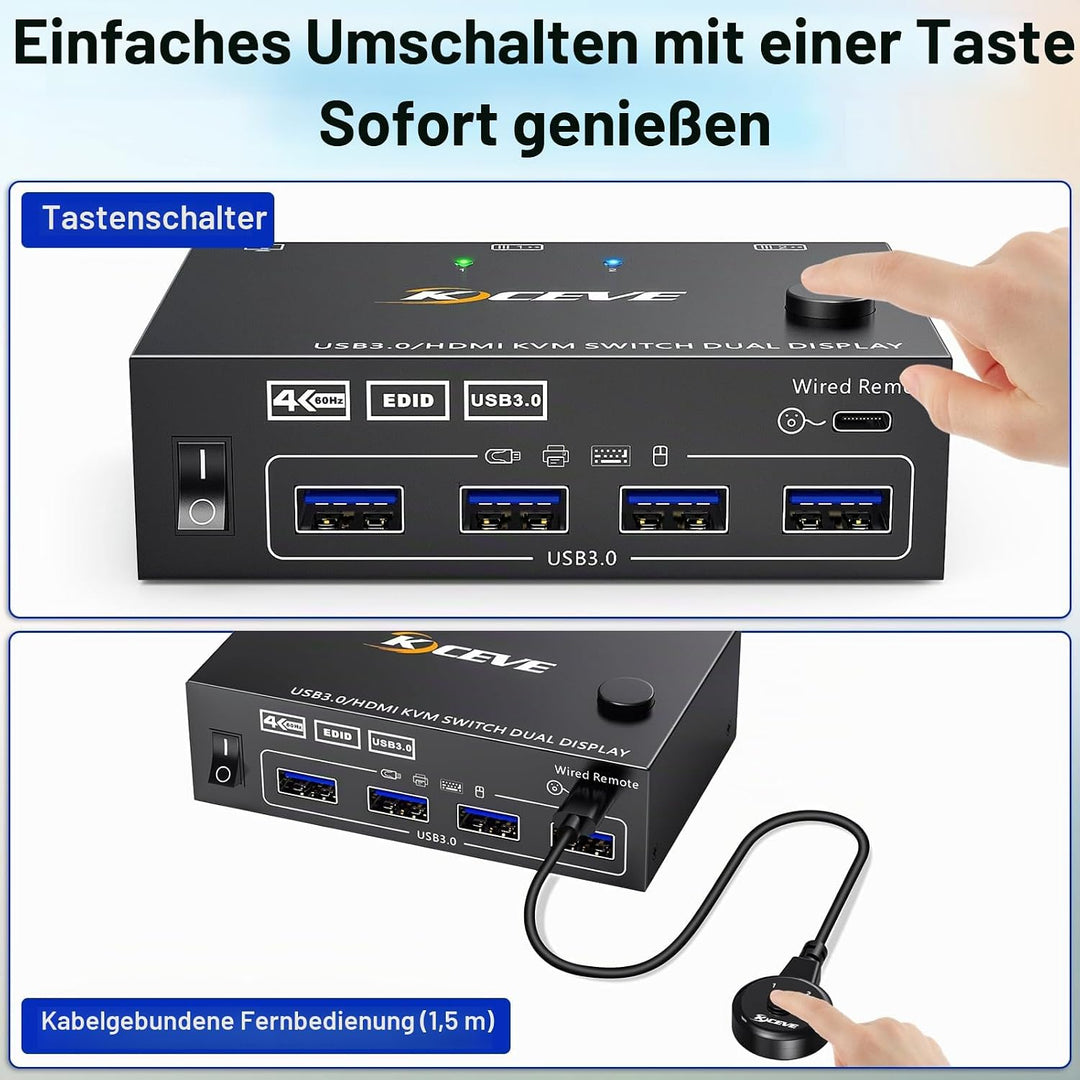 USB 3.0 HDMI KVM Switch 2 PC 2 Monitore 4K@60Hz 2K@144Hz, Simulation EDID, MLEEDA 2 PC 2 Monitor Swi