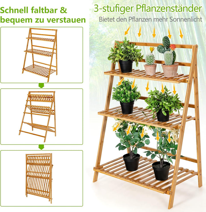 RELAX4LIFE Blumenständer Klappbar, Pflanzenregal 3-stufig, Blumenleiter aus Bambus, Freistehendes Bl