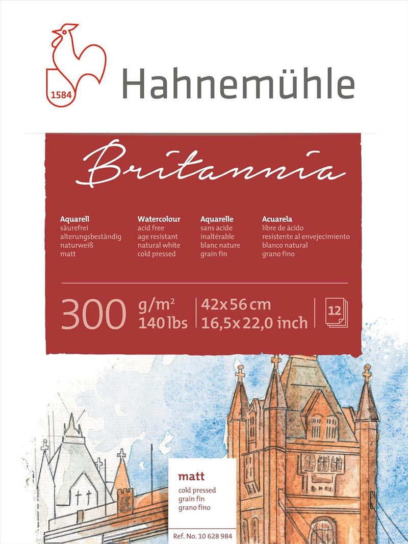 Hahnemühle Britannia Aquarellblock, mattes naturweisses Aquarellpapier, 300 g/m², 12 Blatt, 42 x 56