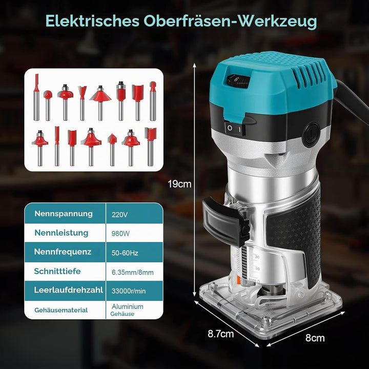 Holzfräse Oberfräse Electric Hand Holz Fräsmaschine mit Koffer - 15 Set Zubehör 980 W 330000 R/min 6
