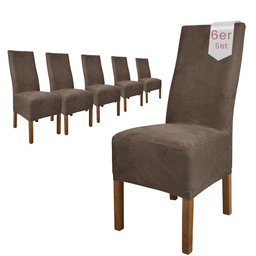 SCHEFFLER-Home Stuhlhussen 6er Set Leon Taupe-Braun/elastische Wildleder Hussen für Stühle/Robustes