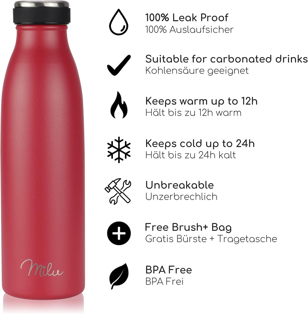 Milu Edelstahl Trinkflasche 350ml, 500ml, 750ml, 1L, 1,5L Thermosflasche Isolierte Wasserflasche, Au