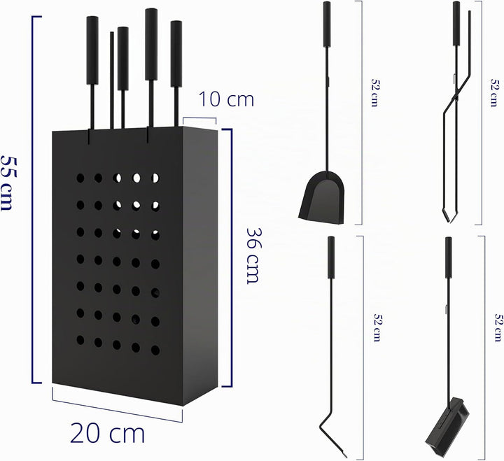 Kingson Kaminbegleiter-Set aus schwarzem Eisen mit rechteckigem Ascheeimer - 4 Aufhängewerkzeuge (Sc