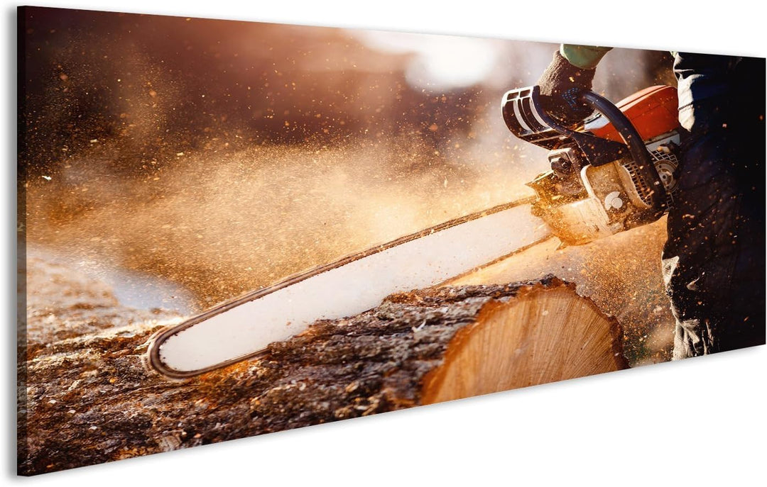 islandburner Bild auf Leinwand Kettensäge. Kettensäge in Bewegung schneiden Holz. Mann, der Holz mit