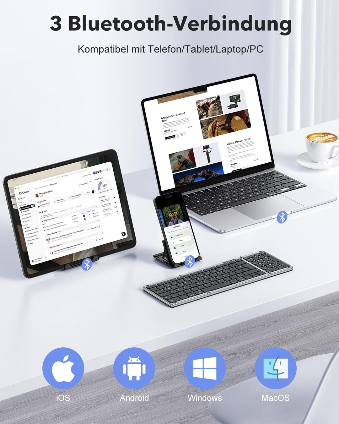 OMOTON Bluetooth Tastatur Faltbare mit Ziffernblock, Kabellose Tastatur Wiederaufladbare QWERTZ, Vol