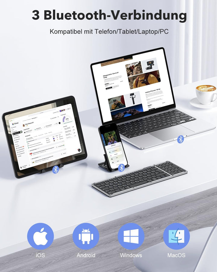 OMOTON Bluetooth Tastatur Faltbare mit Ziffernblock, Kabellose Tastatur Wiederaufladbare QWERTZ, Vol