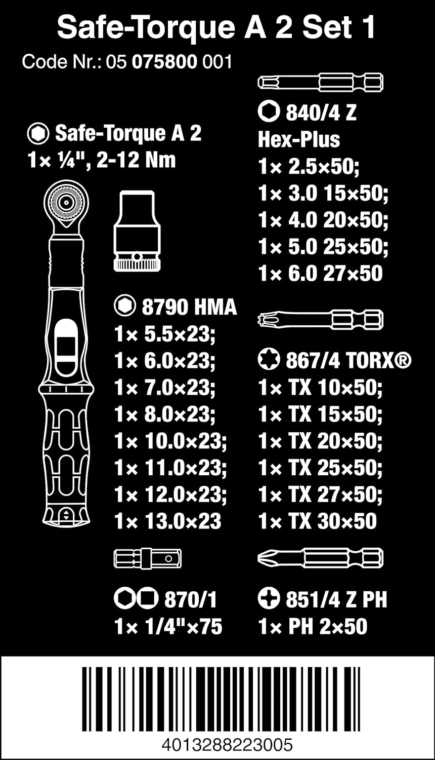 Wera 05075832001 Safe-Torque A 2 Set 1, Drehmomentschlüssel-Satz, 1/4" Sechskant, 2-12 Nm, 23-teilig