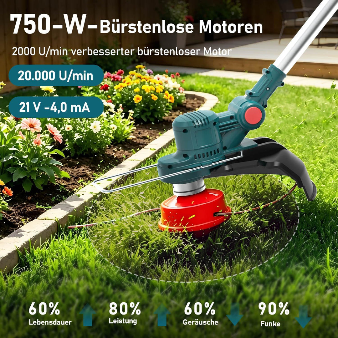 Rasentrimmer mit akku und Unkrautbürste, Kompatibel mit 18V-25V Lithium-Ionen-Akkus(Bürstenloser 750