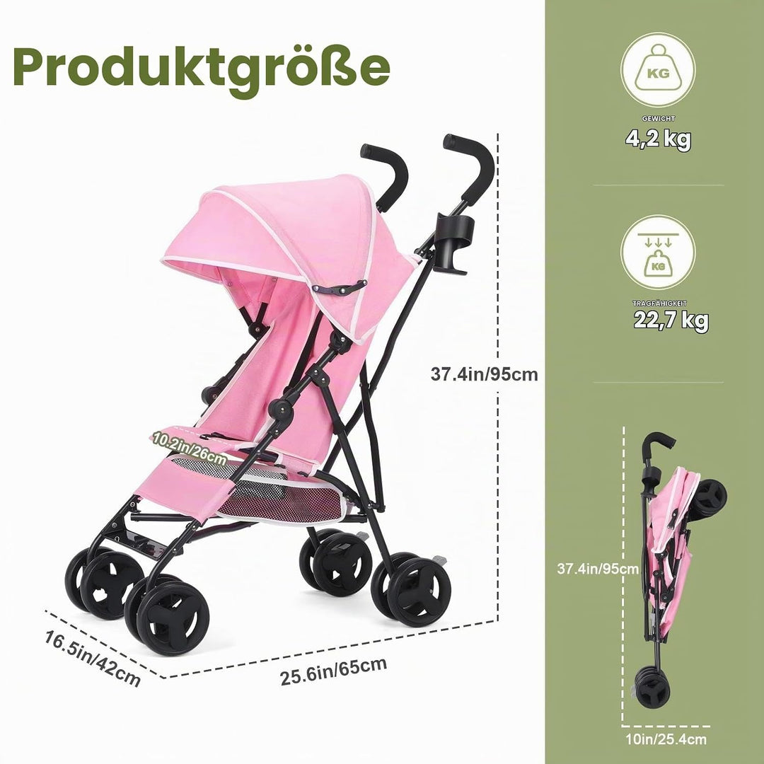 Einhändig klappbarer, leichter Kinderwagen, grosser Aufbewahrungskorb, Verdeck, Getränkehalter, komp