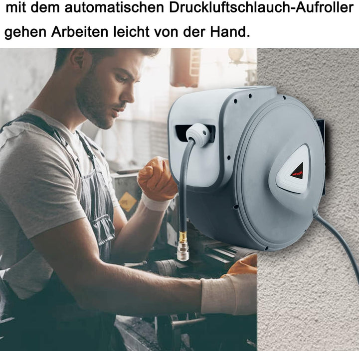 Druckluftschlauch Aufroller automatisch mit 30m Schlauch, 1/4' Anschluss, 180° Schenkbar Wand-Schlau