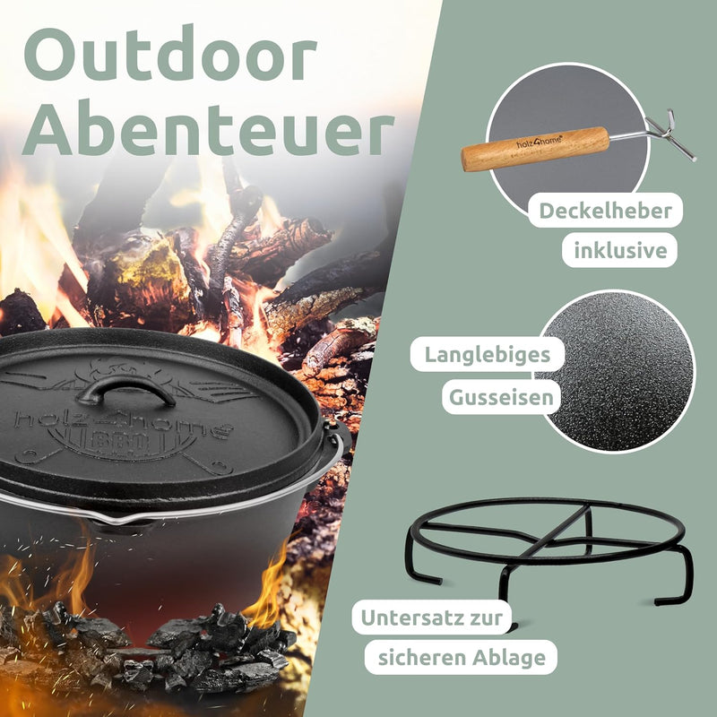 holz4home® Dutch Oven Set [12L, Ohne Füsse] I Eingebrannter Feuertopf Gusseisen I Schmortopf mit Dec