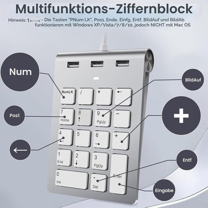 Ziffernblock mit USB A/USB C, Multifunktionstasten Nummernblock mit 3 zusätzlichen USB 2.0-Anschlüss