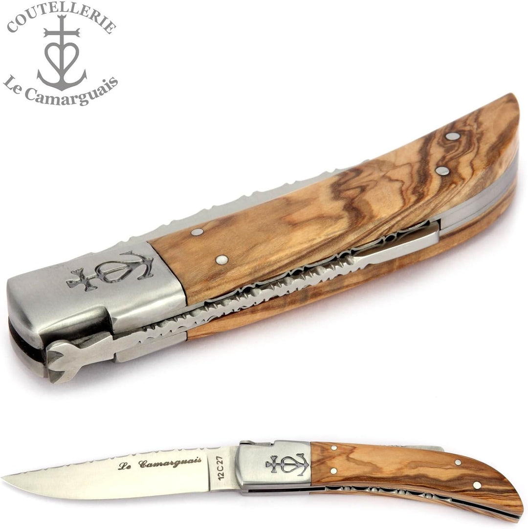 Le Camarguais 12 cm Taschenmesser 20007C - Griffschalen Oliven-Holz - Klinge 10 cm Stahl 12C27-1 Bac