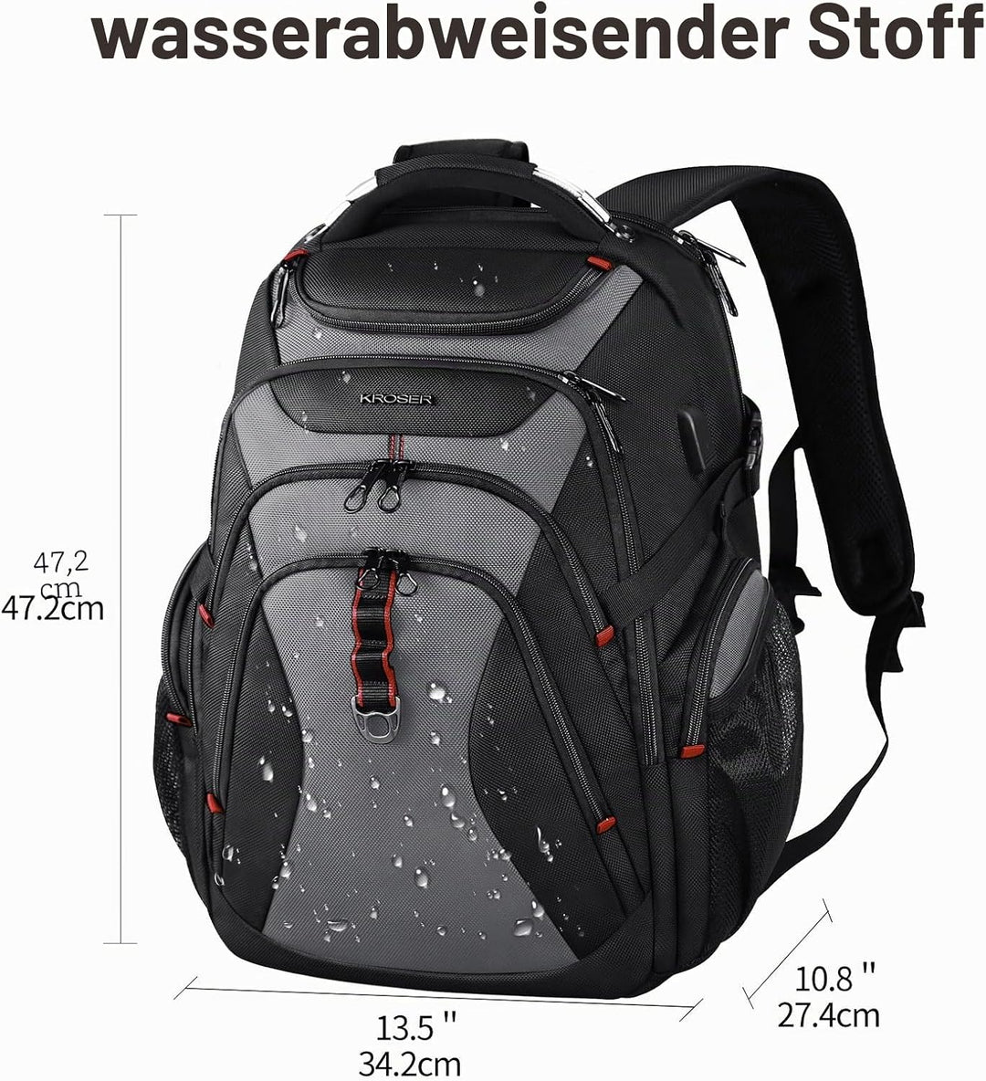 KROSER Laptop Rucksack 17,3 Zoll Reise XL Business Daypack Schwerlast Wasserdicht mit Hartgeschältem